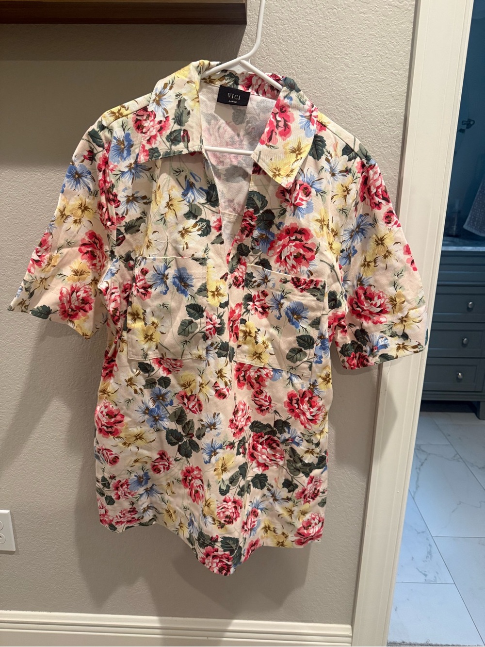 VICI Cream Floral Popover Shirt with Pink, Blue & Yellow Blooms
